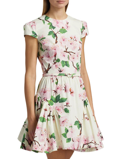 Belted Cherry Blossom Floral Printed Mini Dress - Dresses