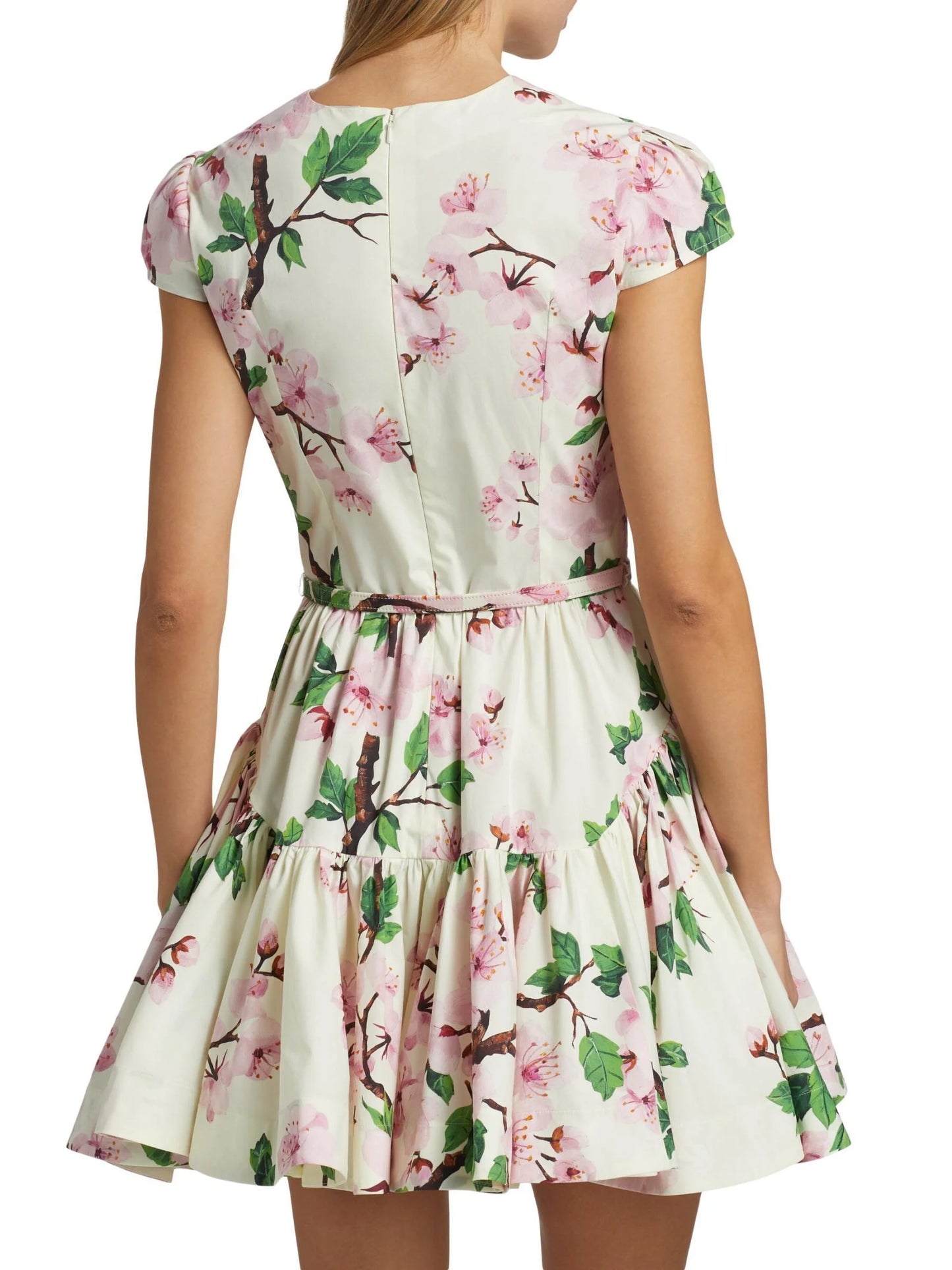 Belted Cherry Blossom Floral Printed Mini Dress - Dresses