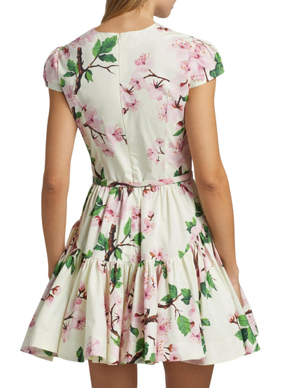 Belted Cherry Blossom Floral Printed Mini Dress - Dresses