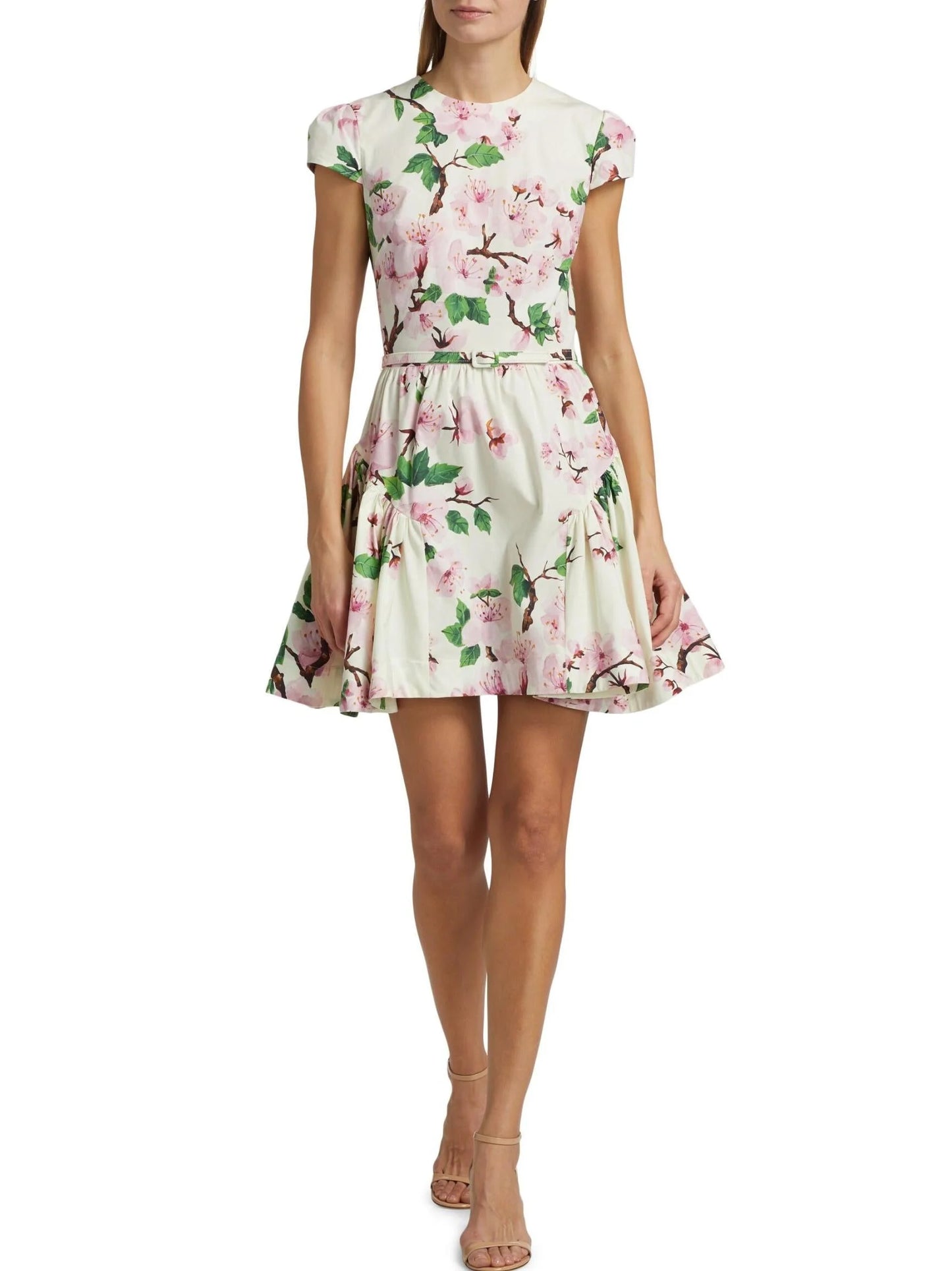 Belted Cherry Blossom Floral Printed Mini Dress - Dresses