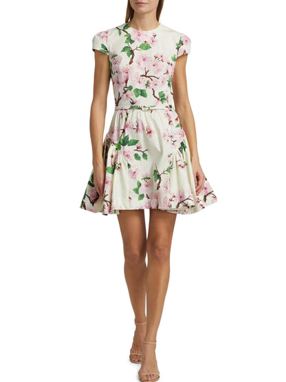 Belted Cherry Blossom Floral Printed Mini Dress - Dresses