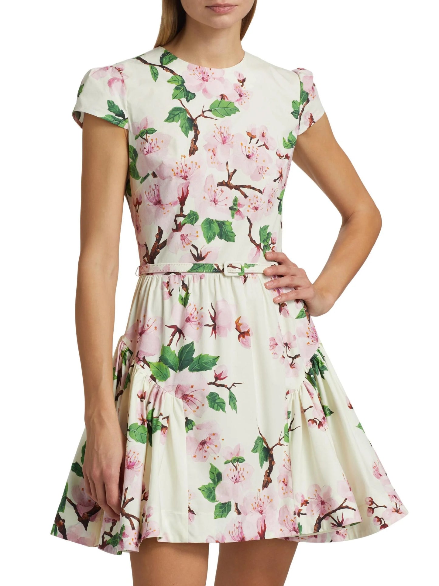 Belted Cherry Blossom Floral Printed Mini Dress - Dresses
