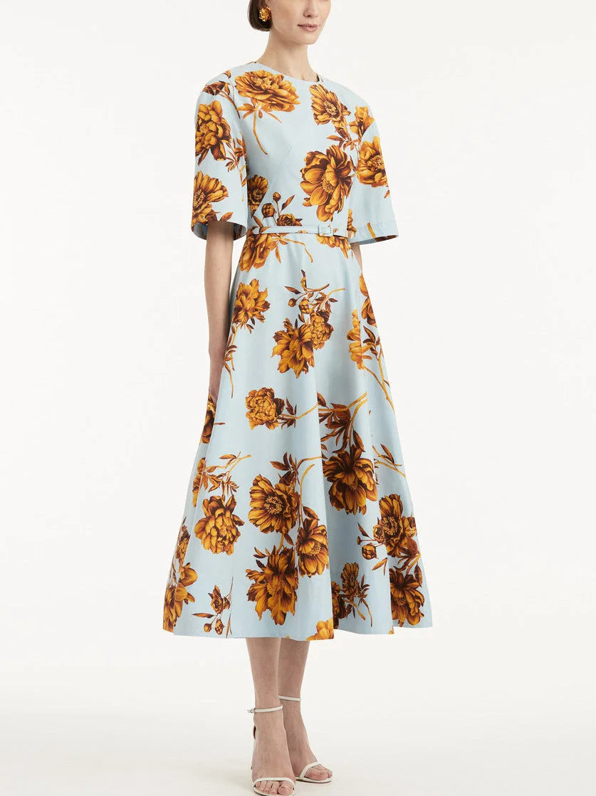 Belted Contrast Floral Printed A-Line Midi Dress - Dresses