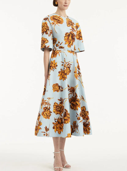 Belted Contrast Floral Printed A-Line Midi Dress - Dresses