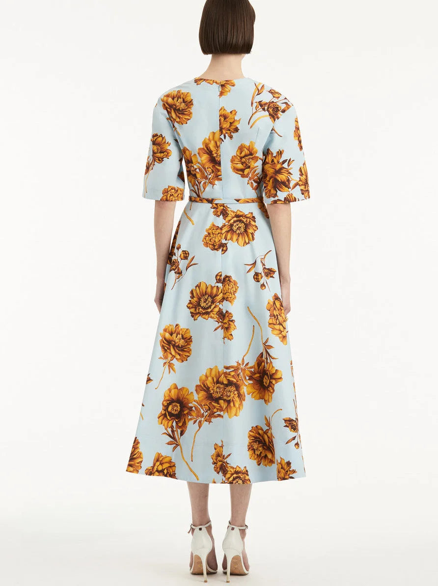 Belted Contrast Floral Printed A-Line Midi Dress - Dresses