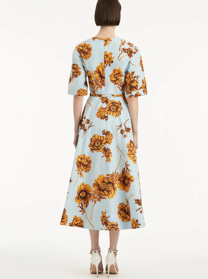 Belted Contrast Floral Printed A-Line Midi Dress - Dresses