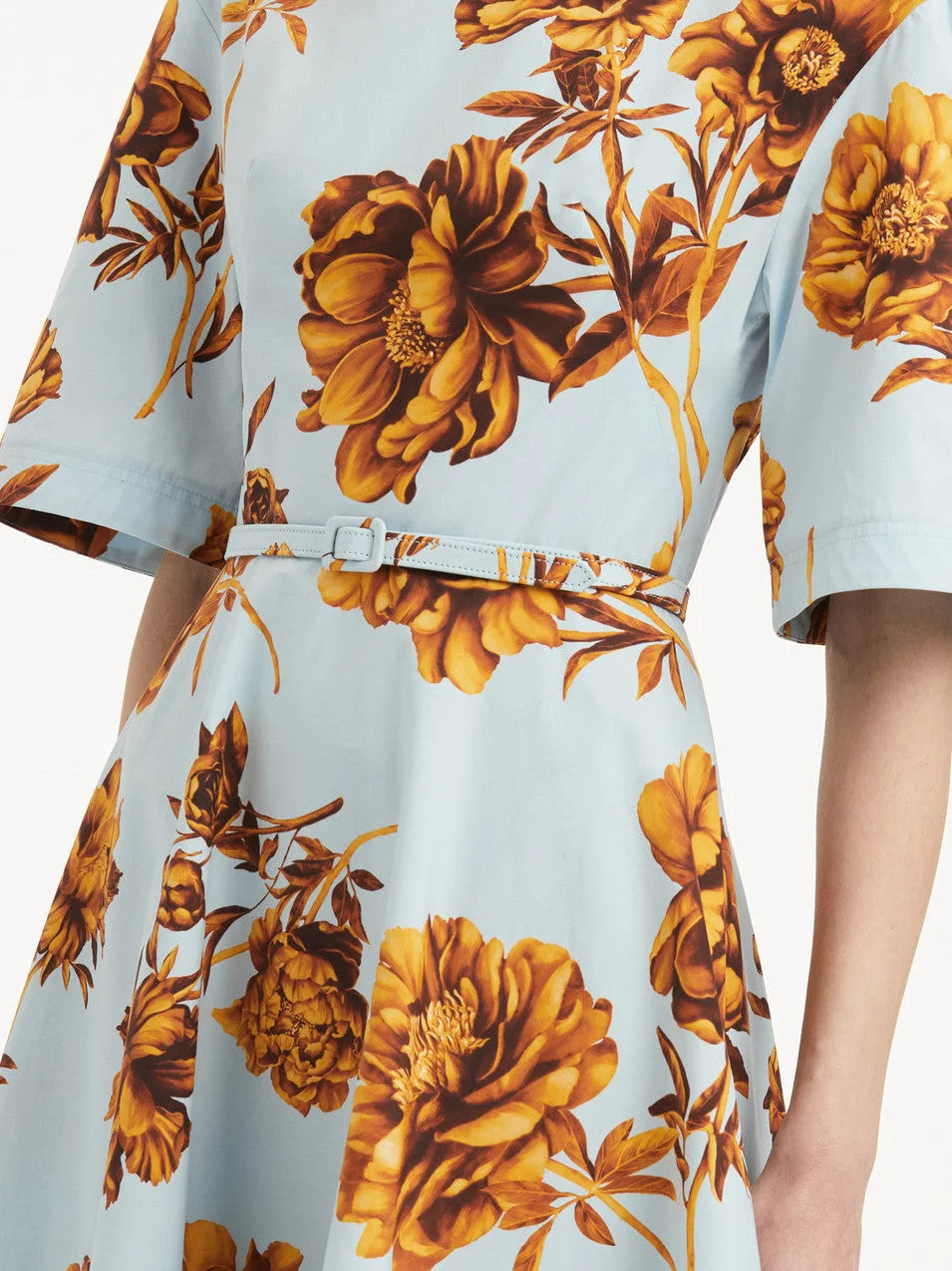 Belted Contrast Floral Printed A-Line Midi Dress - Dresses