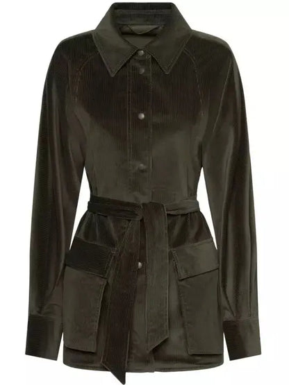 Belted Corduroy Shirt Jacket in Dark Green - Jackets