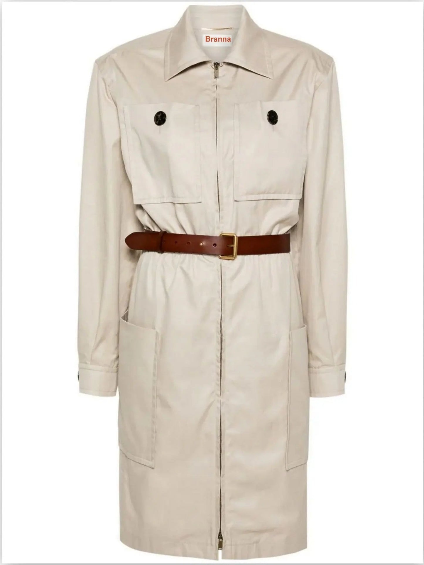 Belted Cotton Safari Dress in Beige - Dresses