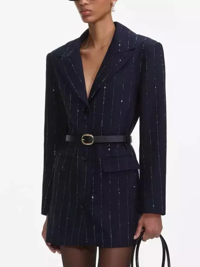 Belted Crystal Stripe Blazer in Navy - Jackets