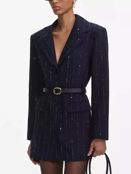 Belted Crystal Stripe Blazer in Navy - Jackets