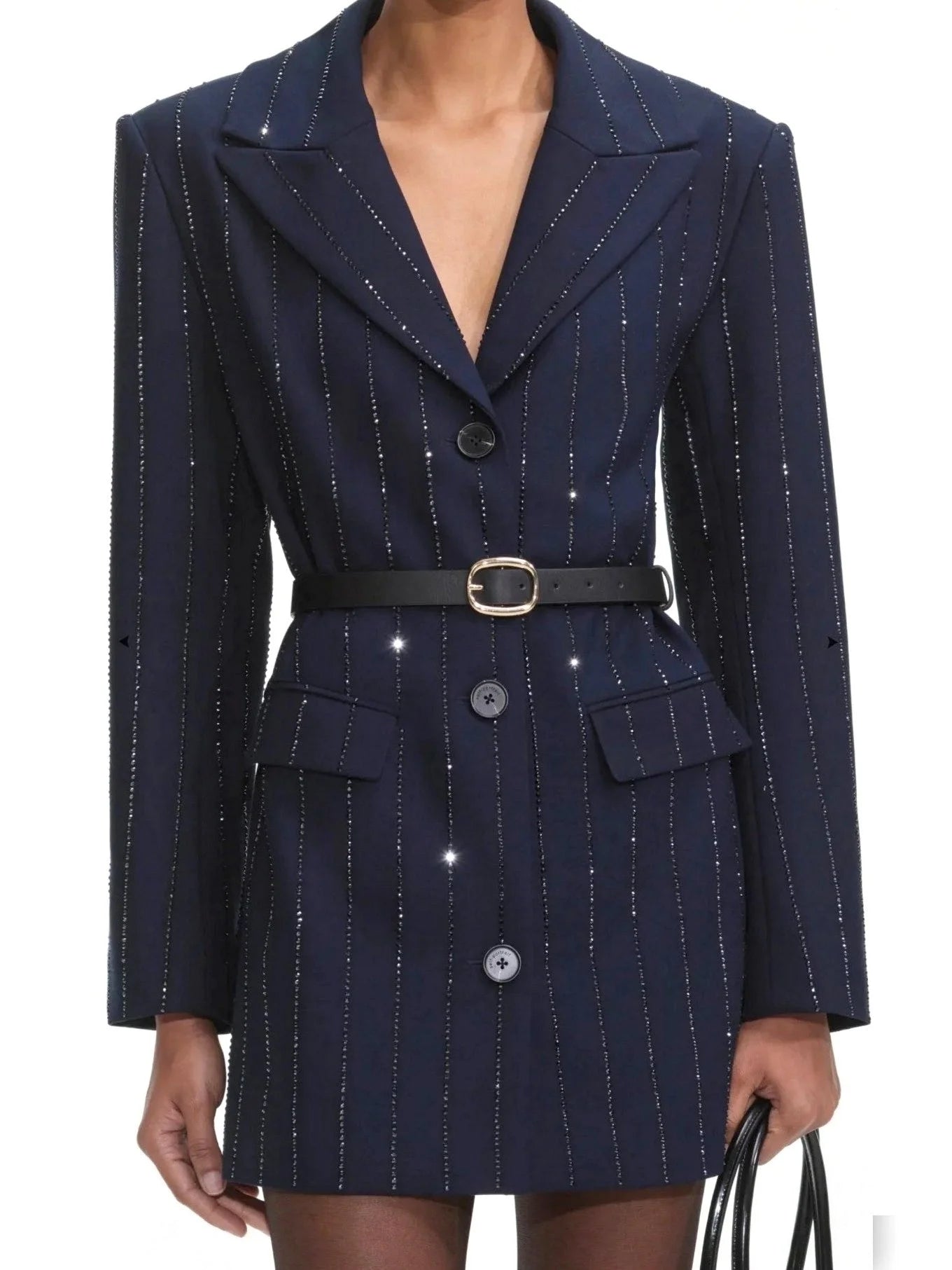 Belted Crystal Stripe Blazer in Navy - Jackets