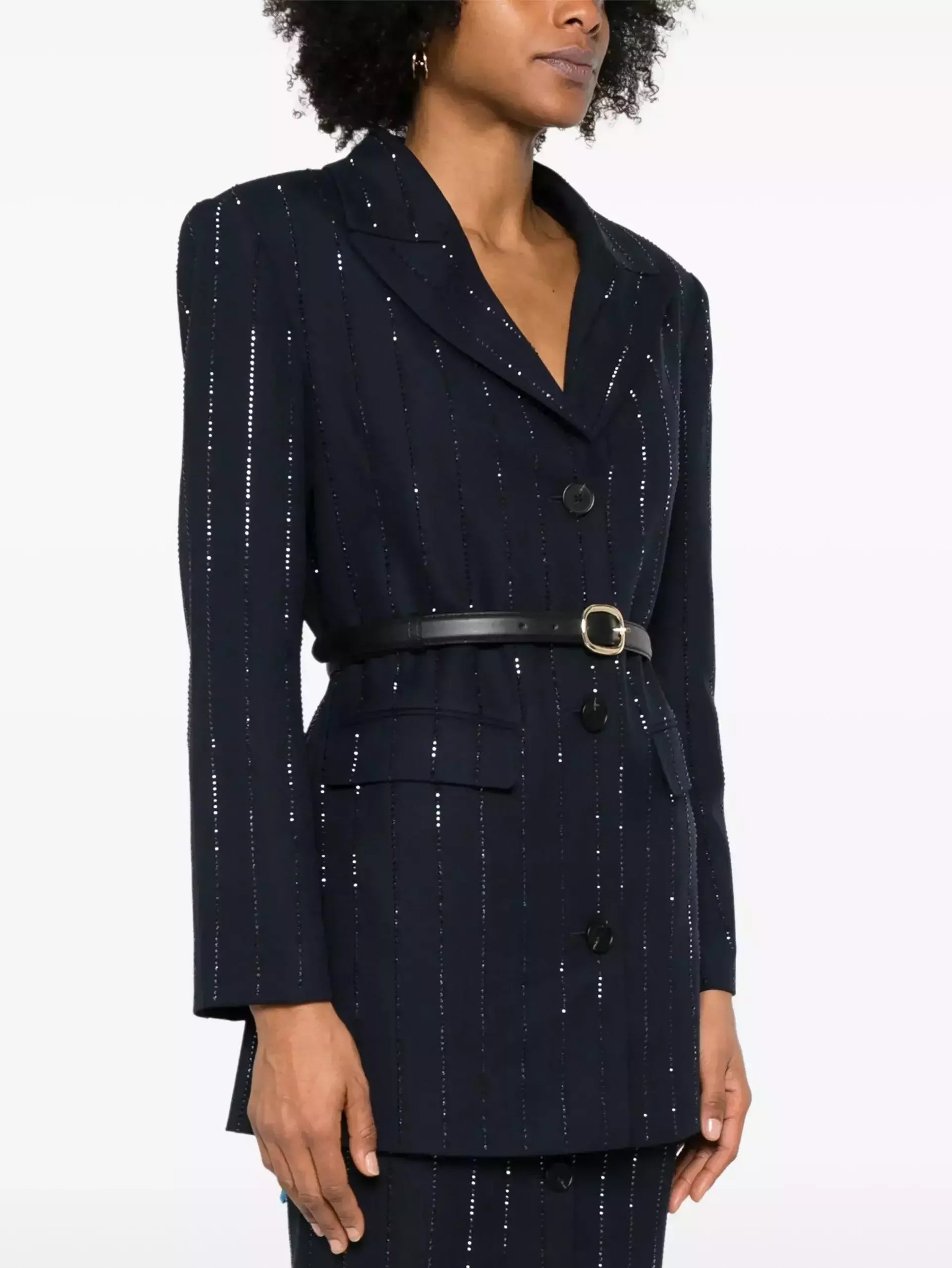 Belted Crystal Stripe Blazer in Navy - Jackets