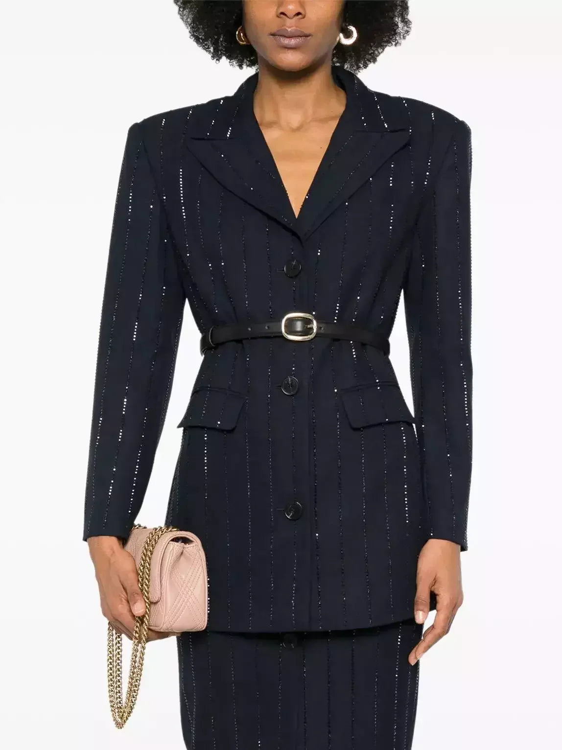 Belted Crystal Stripe Blazer in Navy - Jackets