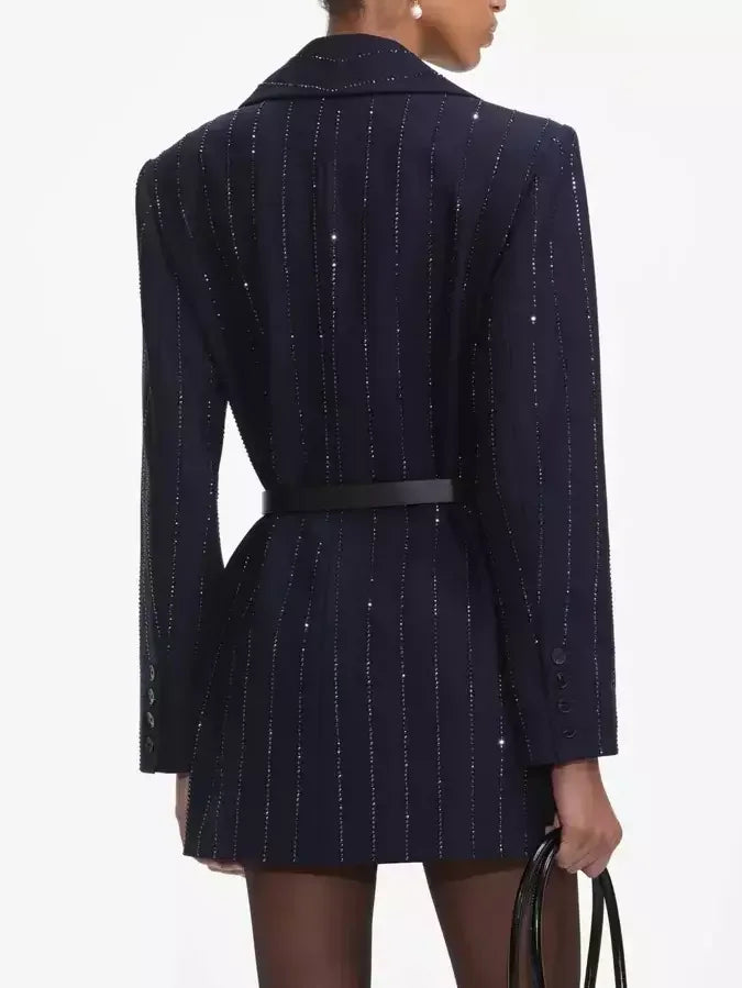 Belted Crystal Stripe Blazer in Navy - Jackets