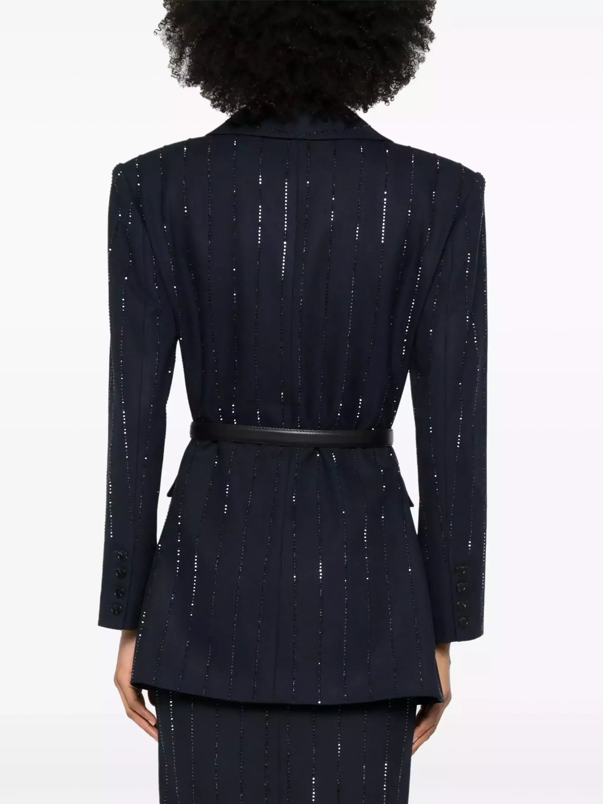 Belted Crystal Stripe Blazer in Navy - Jackets