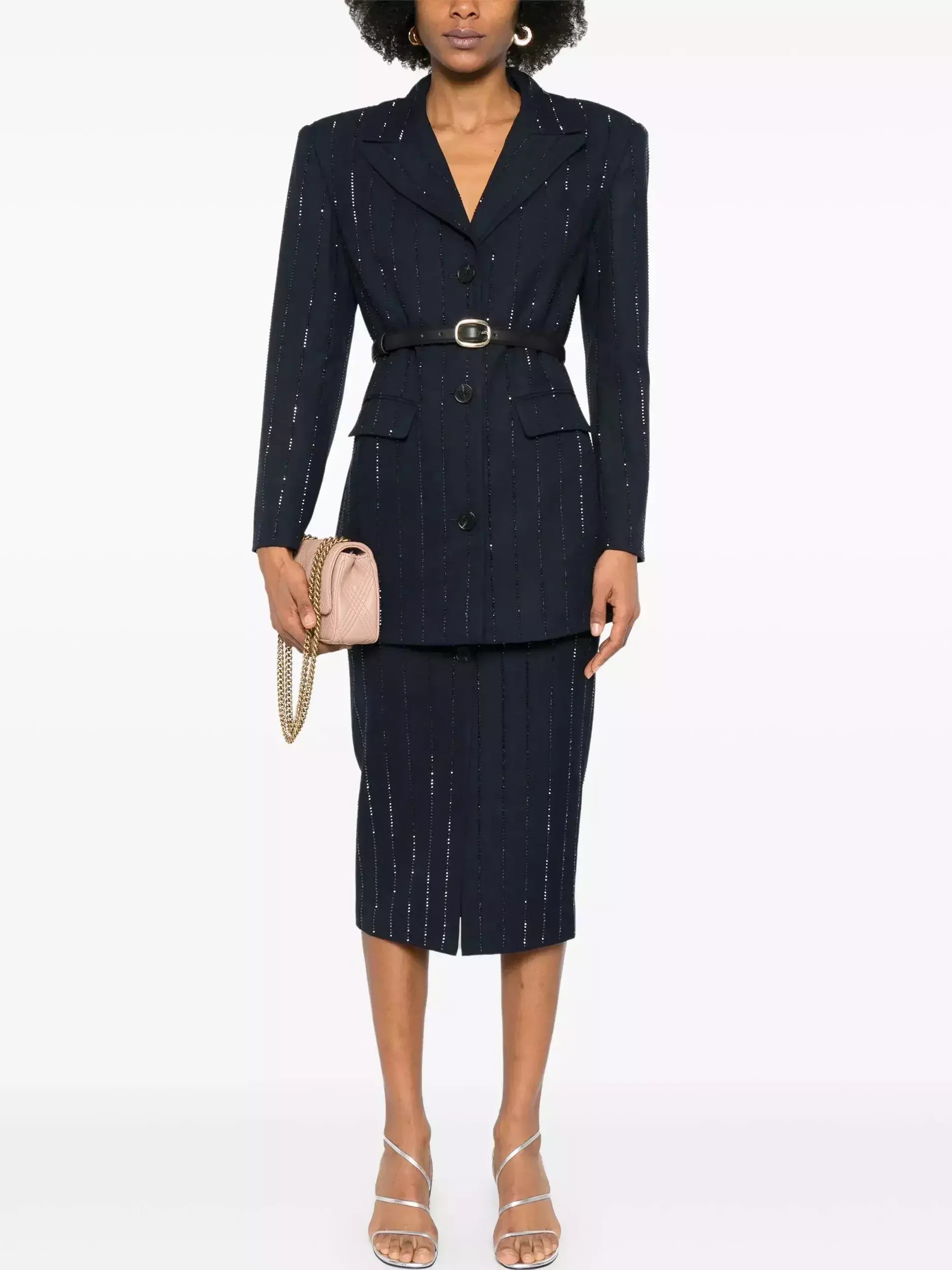 Belted Crystal Stripe Blazer in Navy - Jackets