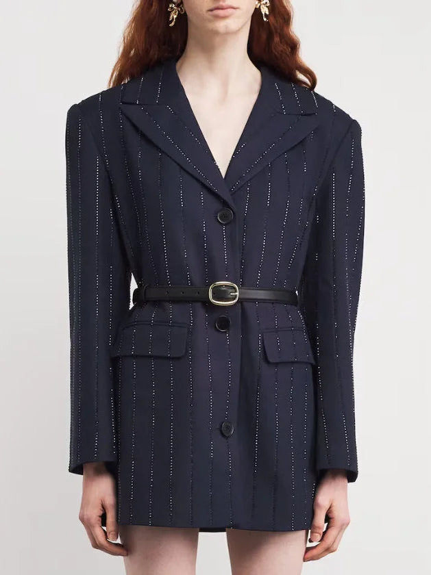 Belted Crystal Stripe Blazer in Navy - Jackets