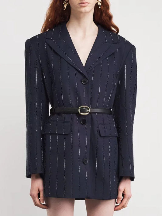 Belted Crystal Stripe Blazer in Navy - Jackets