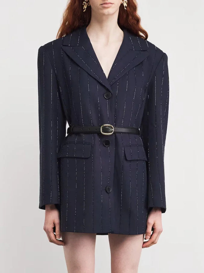 Belted Crystal Stripe Blazer in Navy - Small - Jackets
