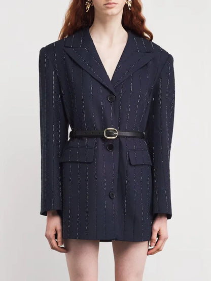Belted Crystal Stripe Blazer in Navy - Small - Jackets