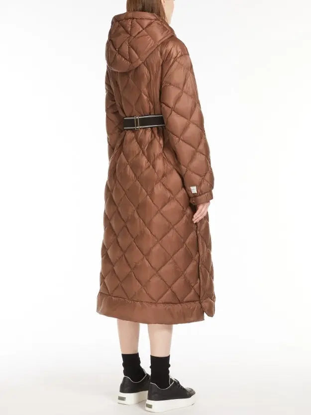 Belted Diamond Hooded Puffer Long Down Coat - Coats