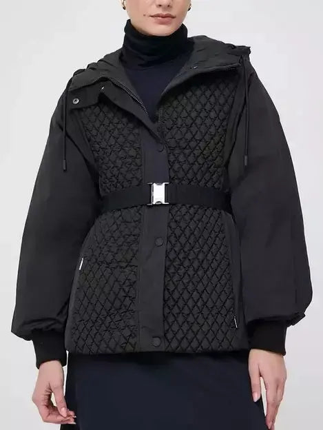 Belted Diamond-Quilted Hooded Balloon-Sleeve Jacket - Jackets