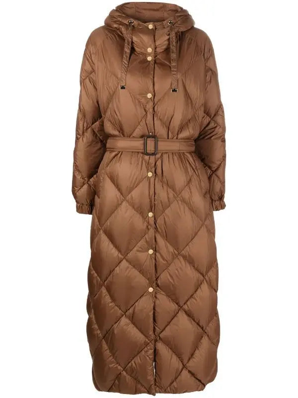 Belted Diamond-Quilted Hooded Coat - Coats