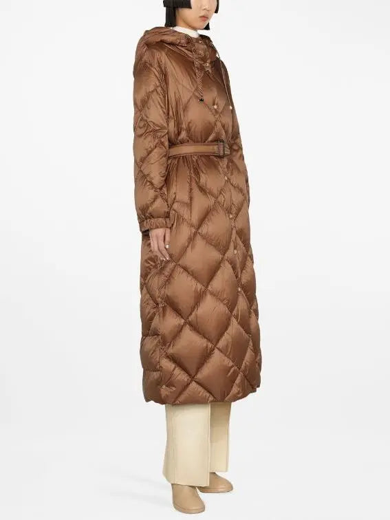 Belted Diamond-Quilted Hooded Coat - Coats