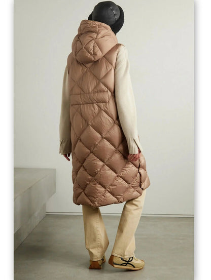 Belted Diamond-Quilted Hooded Long Vest Coat - Coats