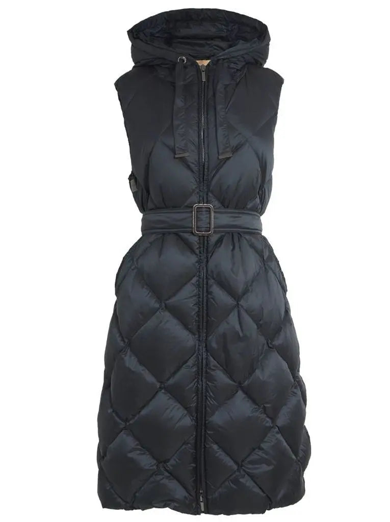 Belted Diamond-Quilted Hooded Long Vest Coat in Black - Coats