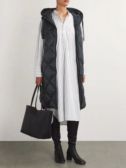 Belted Diamond-Quilted Hooded Long Vest Coat in Black - Coats