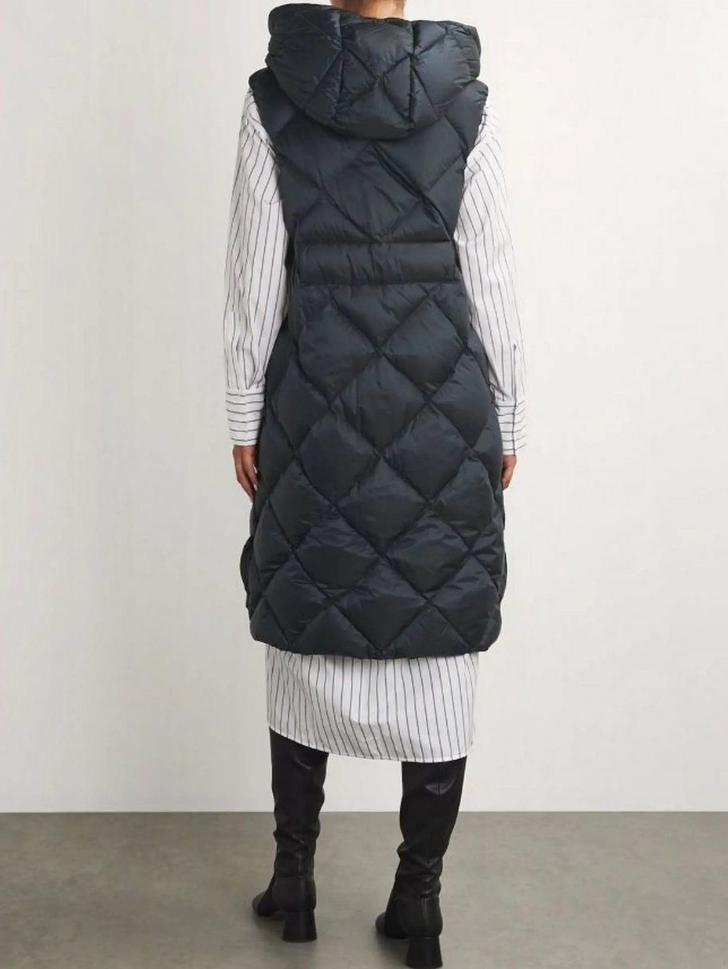 Belted Diamond-Quilted Hooded Long Vest Coat in Black - Coats