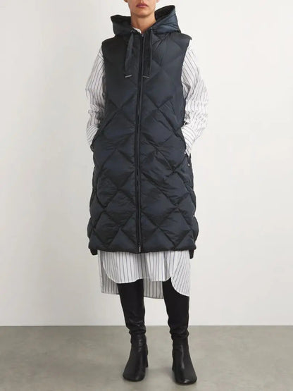 Belted Diamond-Quilted Hooded Long Vest Coat in Black - Coats