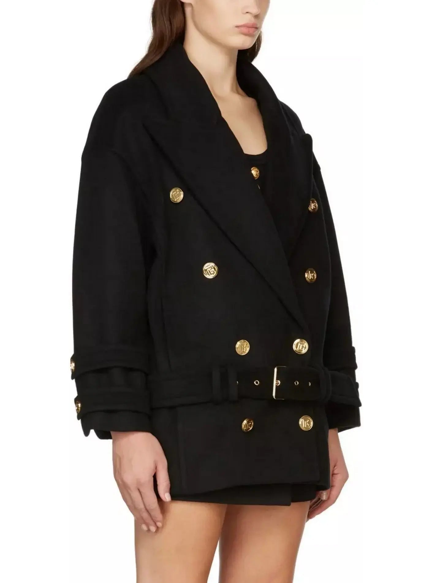 Belted Double-Breasted Cashmere Short Coat - Coats