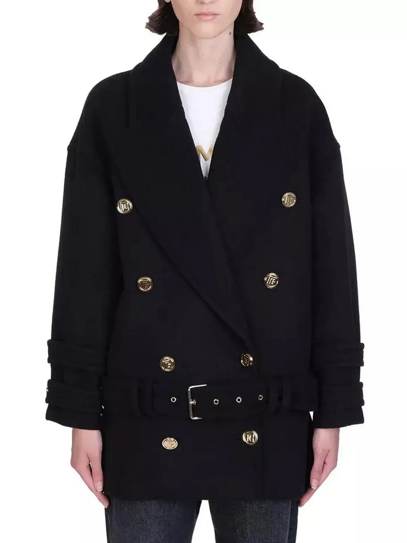 Belted Double-Breasted Cashmere Short Coat - Coats