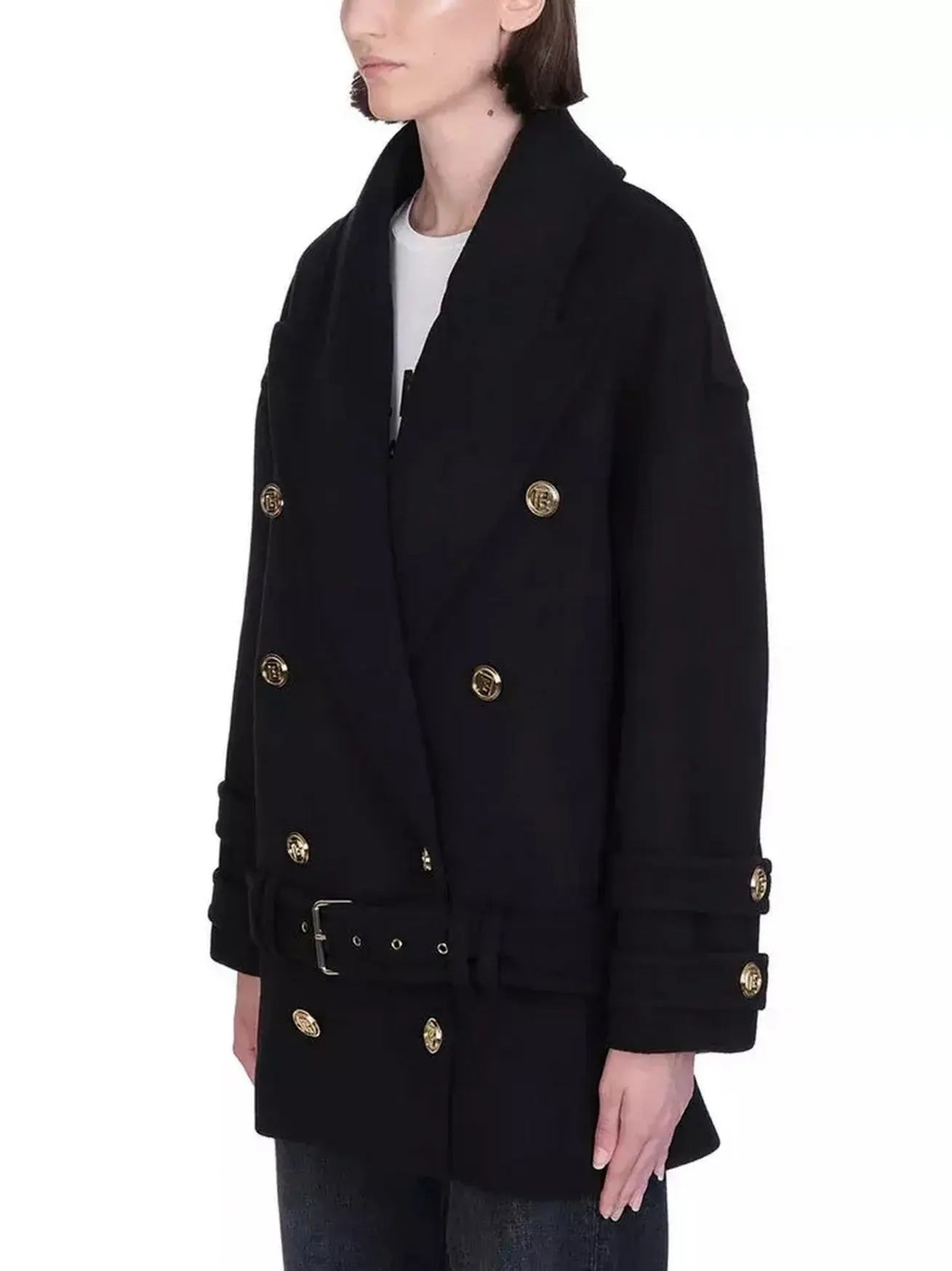 Belted Double-Breasted Cashmere Short Coat - Coats