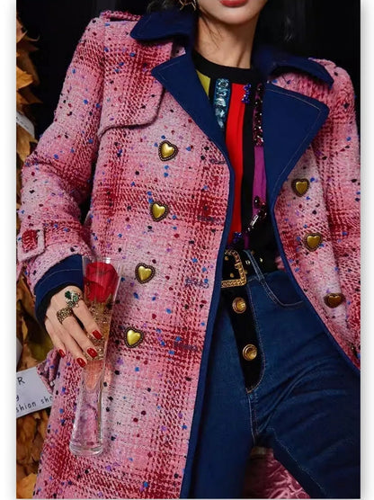 Belted Double-Breasted Coat with Heart Buttons - Coats