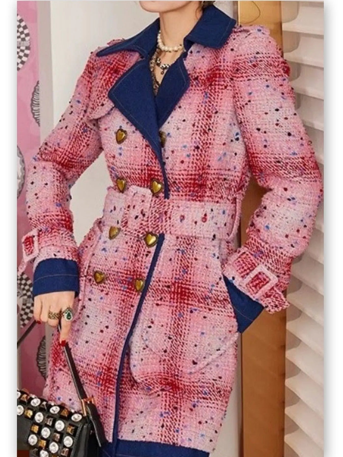 Belted Double-Breasted Coat with Heart Buttons - Coats