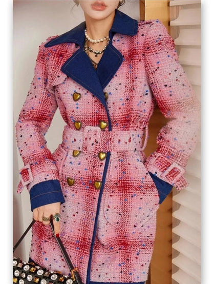 Belted Double-Breasted Coat with Heart Buttons - Coats