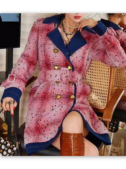 Belted Double-Breasted Coat with Heart Buttons - Coats