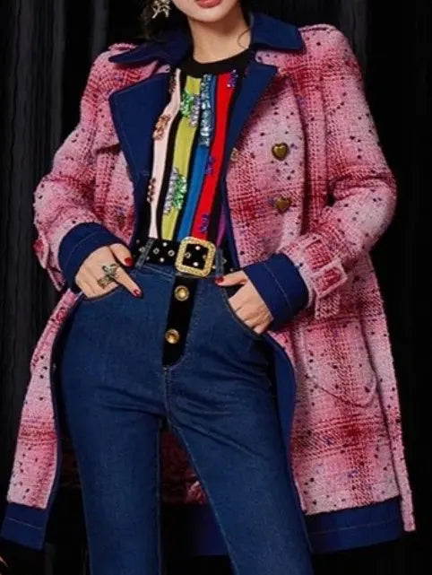 Belted Double-Breasted Coat with Heart Buttons - Coats