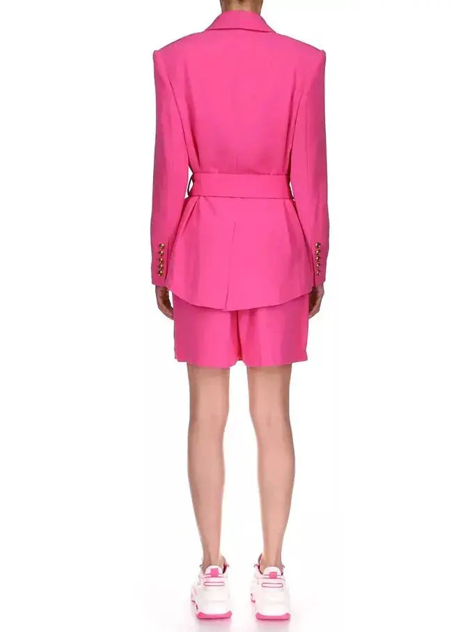 Belted Double-Breasted Fuchsia Pink Blazer - Jackets