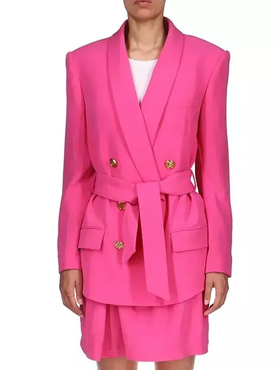 Belted Double-Breasted Fuchsia Pink Blazer - Jackets