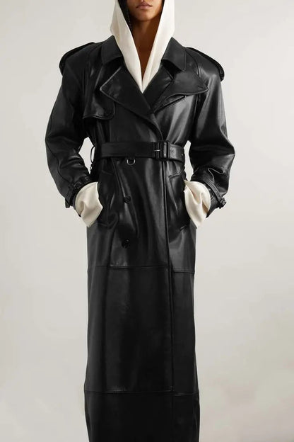 Belted Double-Breasted Long Lambskin Leather Coat - Coats