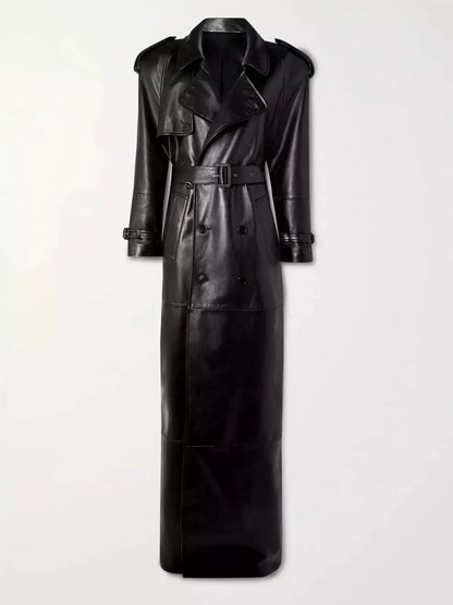 Belted Double-Breasted Long Lambskin Leather Coat - Coats