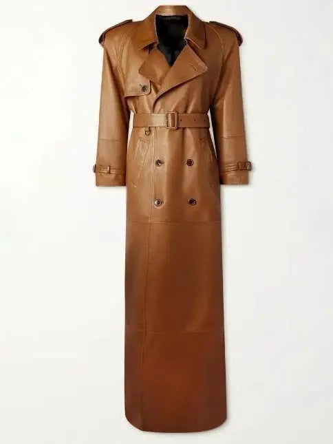 Belted Double-Breasted Long Lambskin Leather Coat - Coats