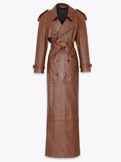 Belted Double-Breasted Long Lambskin Leather Coat - Coats