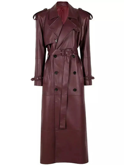 Belted Double-Breasted Long Lambskin Leather Coat - Coats