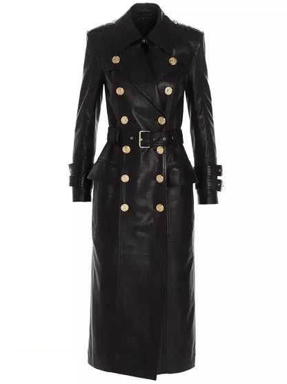 Belted Double-Breasted Long Leather Trench Coat - Coats